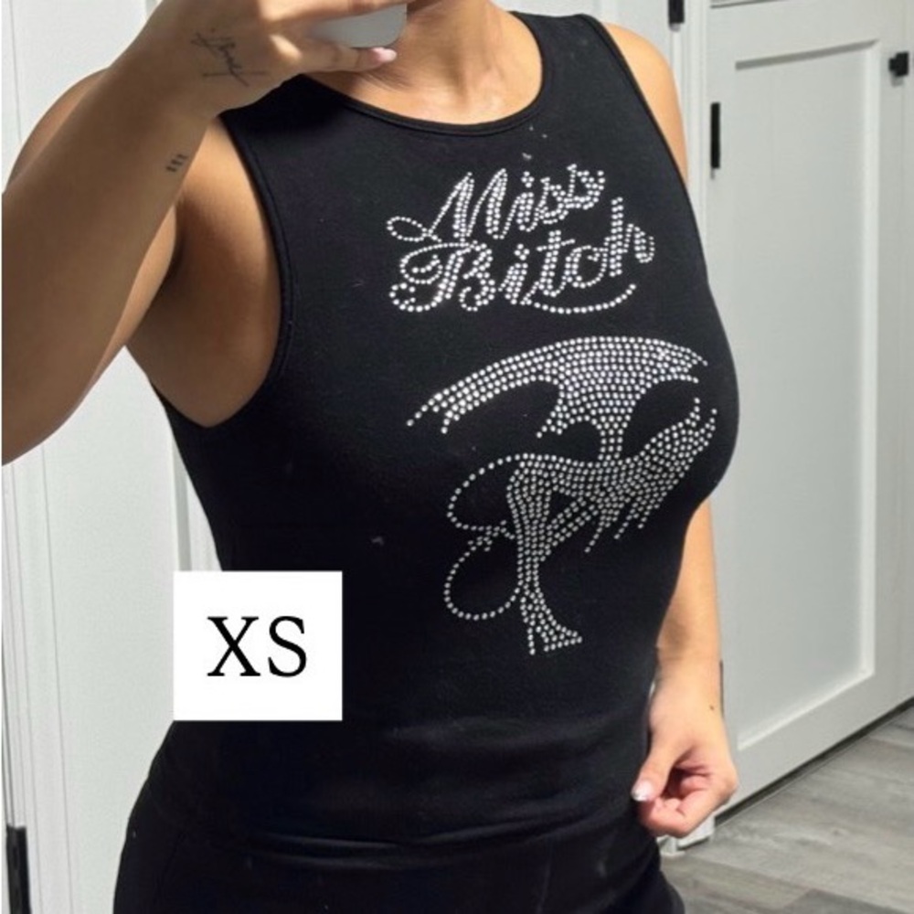 Black Sleeveless Top with Rhinestone Design